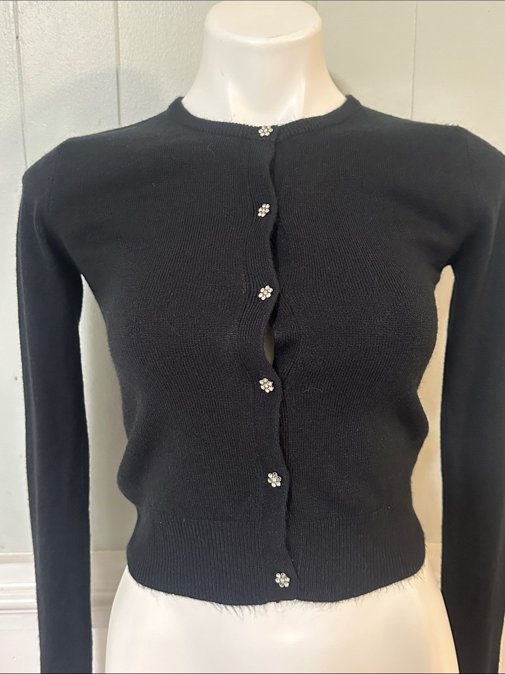 Black Women's Cropped Cardigan with Floral Jewel Buttons